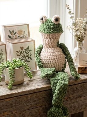 Handmade Crochet Frog Plush Green & Cream Plushie Cute Home Decor Soft